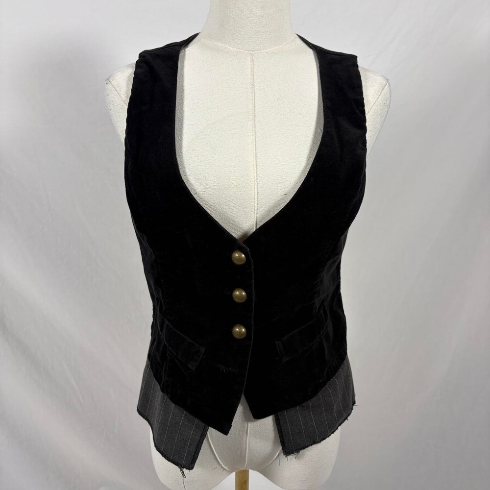 Charlotte Russe black velvet vest gray pinstripe trim gold buttons size small